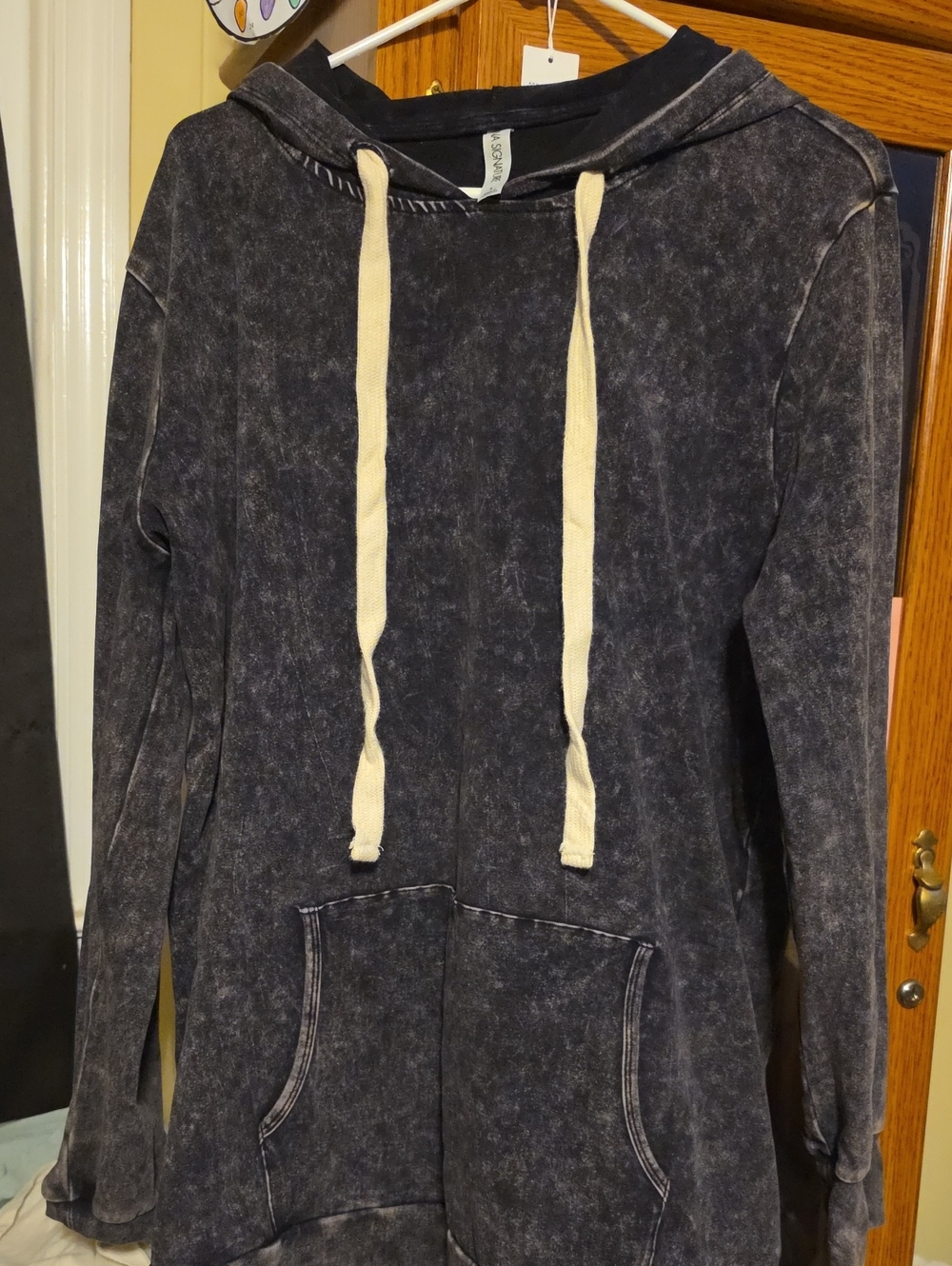 Washed Black Hooded Pullover Sweatshirt with Contrast Drawstrings